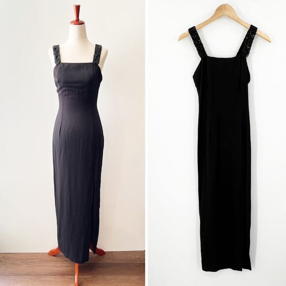90s Vintage Jessica McClintock Gunne Sax Gown Black Beaded Straps - Picture 1 of 6
